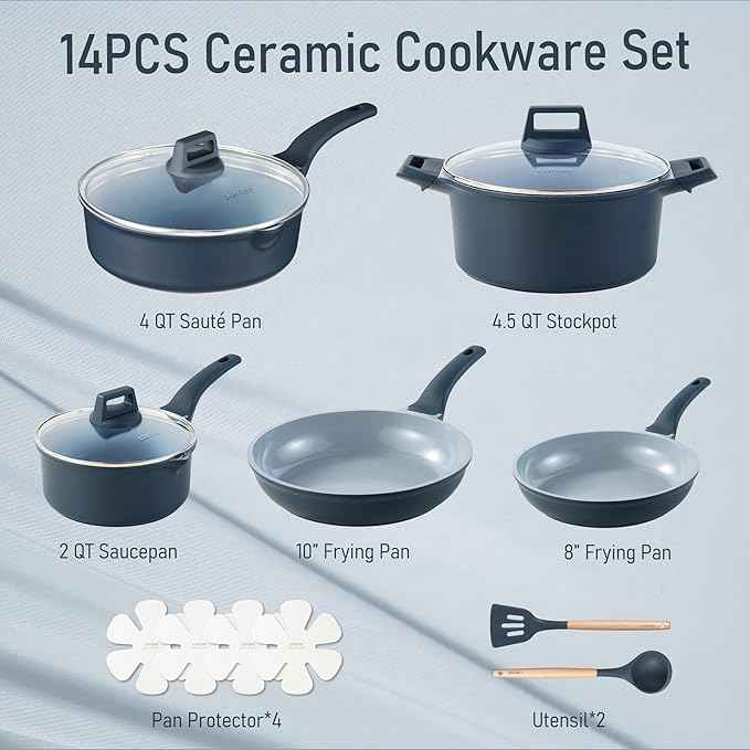 CAROTE 14 Pcs Ceramic Cookware Set, Pots and Pans Set Non Stick with Ceramic Coating, Induction Kitchen Sets