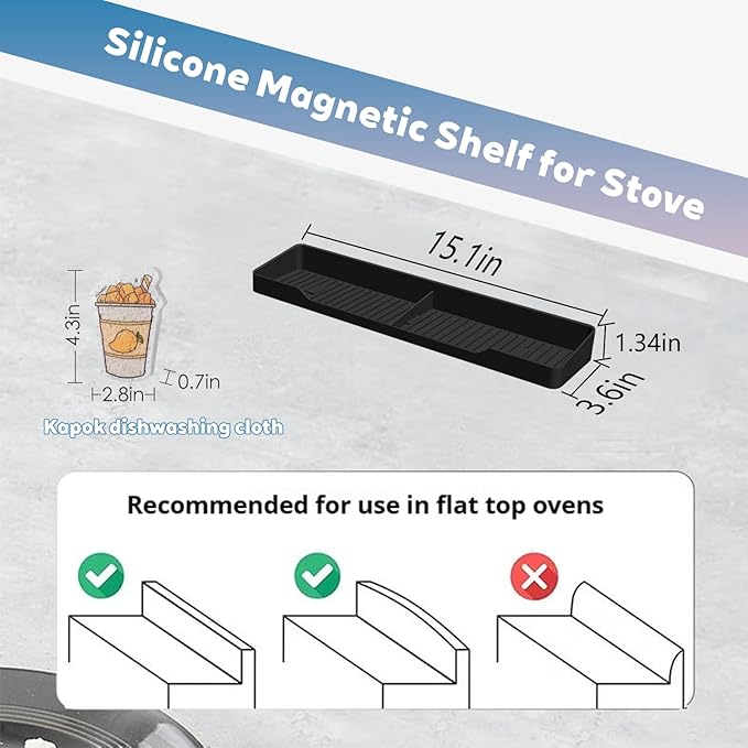 15 Inch Magnetic Silicone Stove Top Shelf,Heat Resistant Over The Stove Spice Rack for Kitchen,Space Saving Organizer Back of Stove,Includes 6 Additional Sticky Boards(Black,15''x3.8'')