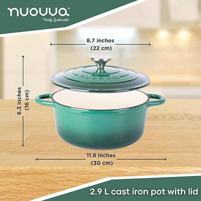 Cast Iron Dutch Oven with Lid – Non-Stick Ovenproof Enamelled Casserole Pot – Sturdy Dutch Oven Cookware – Dark Green, 3.1-Quart, 22cm – by Nuovva