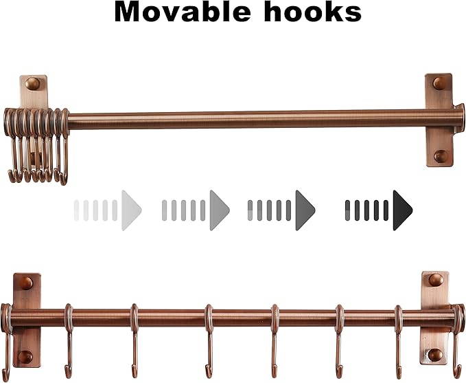 Dseap Kitchen Utensil Holder Hanger, Pot and Pan Rack Wall Mount, Kitchen Rail with 8 Hooks for Hanging Cooking Utensils, Mugs, Spoons, Wall Mounted, Stainless Steel, Antique Copper