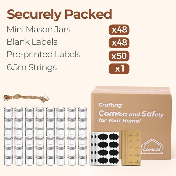 ComSaf Small Mason Jars 2 oz, 48 Pcs Mini Mason Containers, Small Canning Jars, Mini Glass Jar with Lids for Ginger Shots, Honey, Jams, Sauces, Spices, DIY Candle Decor, Dressing, Wedding Favors