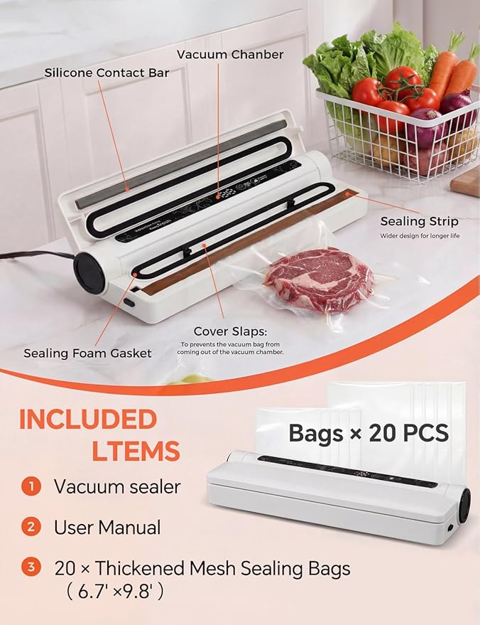75KPa Vacuum Sealer for Food,Food Saver Vacuum Sealer Machine,Compact Lightweight,20 Vacuum Seal Bags,Digital Countdown Timer,Meat Food Storage,Home Kitchen Gadgets,Appliances