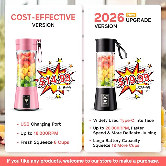 Portable Blender for Smoothies & Shakes - Cordless Personal Size Mini Blender with BAP Free Juice Cup, USB Rechargeable Suit for Sports/Picnic, Mother's Day