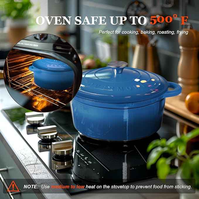 Overmont Enameled Cast Iron Dutch Oven - 4.5QT Pot with Lid Cookbook & Cotton Potholders - Heavy-Duty Cookware for Braising, Stews, Roasting, Bread Baking blue