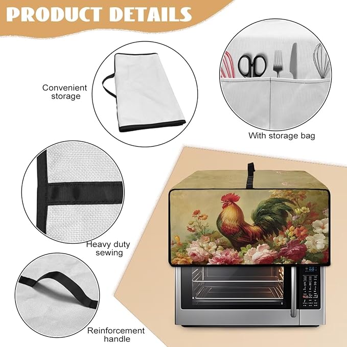 Air Fryer Toaster Oven Dust Cover Dust Protection Countertop Convection Oven Cover Stain-resistant Kitchen Appliance Protector, S, Chicken Rooster Vintage Floral