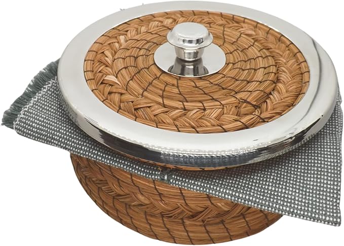 Authentic Mexican Tortilla Warmer Basket - Pine Needle Handwoven with Handloomed Cloth (8" metal Rim w cloth)