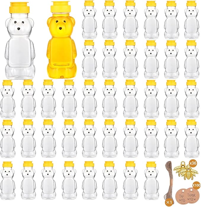 8oz Plastic Honey Bear Bottle Mini Honey Jars Party Favors Small Honey Bear Bottles with Lids Bear Shape Clear Empty Honey Jar with Screw Yellow Lid 50 Tags 2 Rolls Jute Rope (36-set)