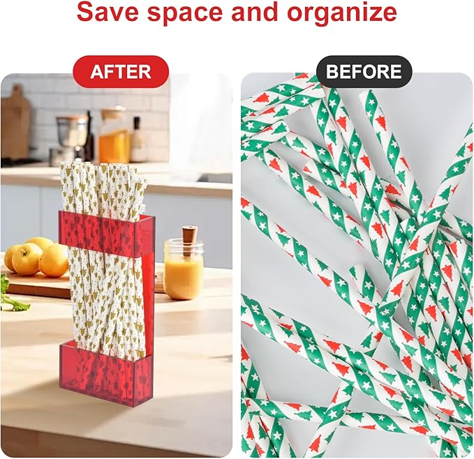 2 PACK Acrylic Straw Holder for Cabinet Doors, Reusable Straw Organizer with Ultra-Sticky Adhesive, Small Kitchen Accessories Container, Fits Both Short & Long Straws (Red)