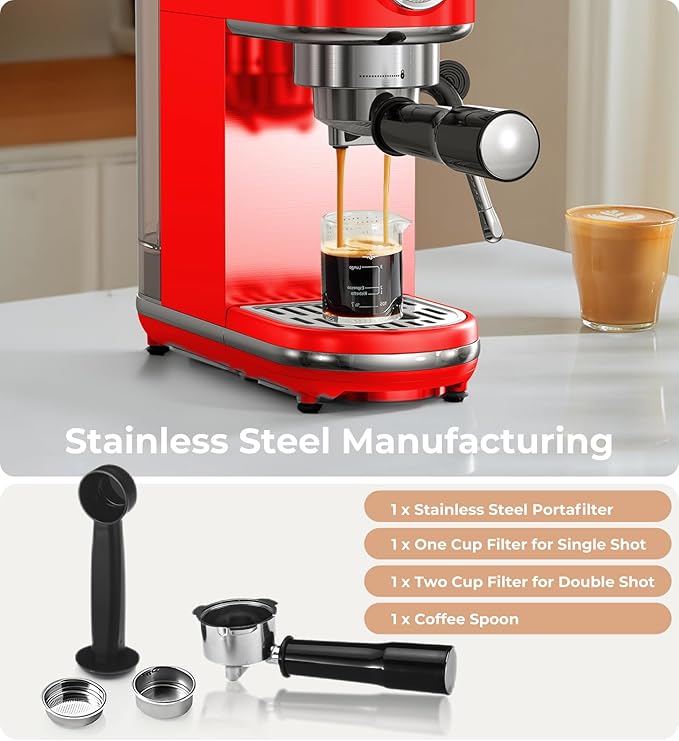 atatix 20 Bar Espresso Machine with Milk Frother, Compact Espresso Maker, Stainless Steel Coffee Machine with Precise Temp Control & 44oz Removable Water Tank for Latte, Cappuccino, Red
