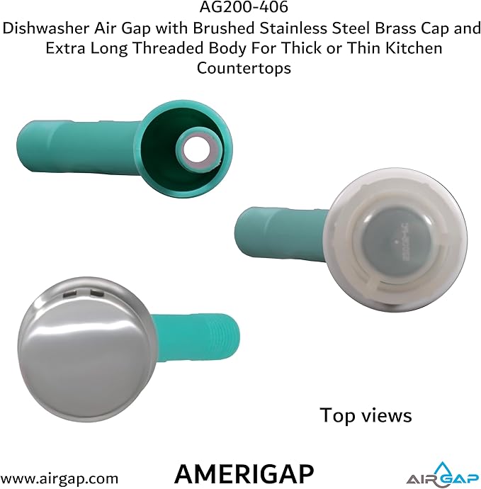 Dishwasher Air Gap with Skirted Brushed Stainless Steel Brass Cap and Extra Long Threaded Body for Thick or Thin Kitchen Countertops (AG200-406, AG200-X06, AMERIGAP)