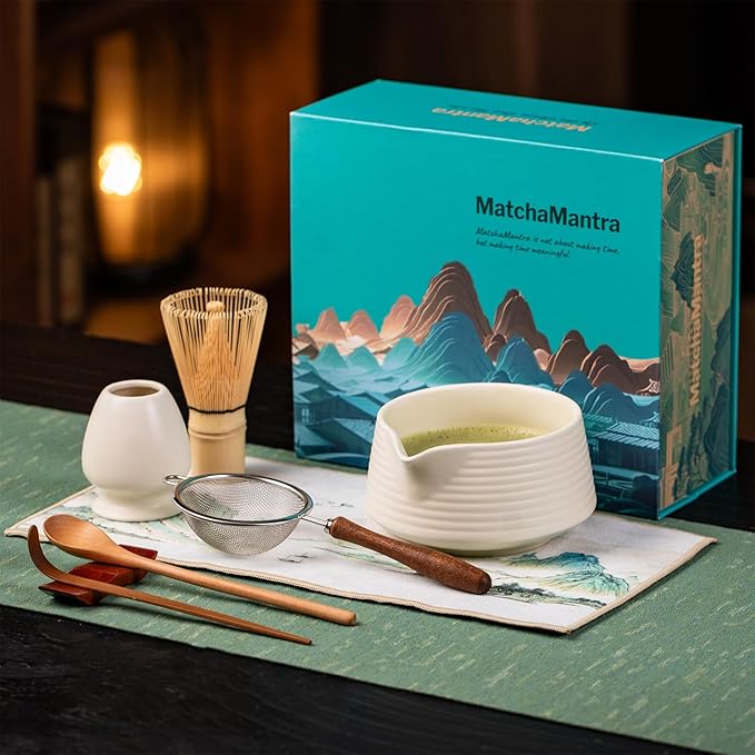 Artisan Matcha Whisk Set - 8 Pcs Premium Matcha Set with Bowl (Chawan), Bamboo Whisk & Tools | Matcha Kit for Making Breakfast/Latte | Gift for Matcha Lovers (White)