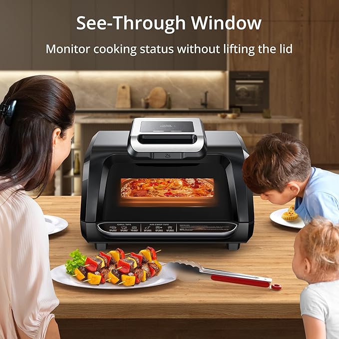 Indoor Grill Air Fryer Combo - 7-in-1 Smokeless Electric Air Grill with See-Through Window, Non-Stick Removable Plates, Even Heat, and Silicon Tongs - 4Qt, 1750W, Up to 450°F