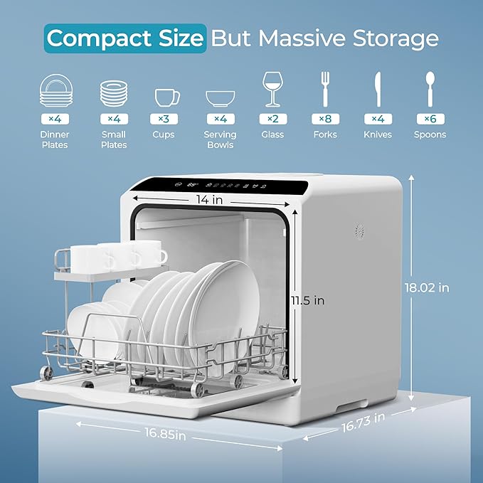 EUHOMY 6 Programs Countertop Dishwasher, Portable Dishwasher with 5L Built-in Water Tank & Inlet Hose, Mini Dishwasher for Apartments and RVs, High-Temp & Air-Dry Function, No Hookup Needed, Black