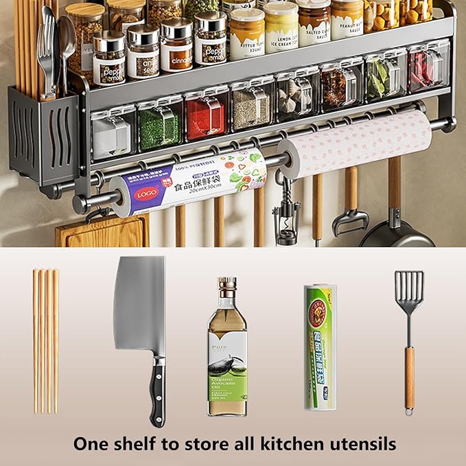 Hanging Wall Mount knife Wall Mount,Condiment Cup, Space-Saving Knife Rack with Hooks, Kitchen Organizer Storage Shelf for Utensils Spatula Spoon, Kitchen Utensil Hanger (Grey, 40cm+5Cups+8Hooks)