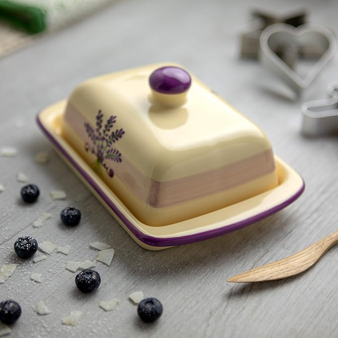 City to Cottage Large Butter Dish with Lid for Countertop, Ceramic Butter Keeper, Butter Container with Knob Handle, Butter Holder Tray with Cover, Handcrafted Cream Lavender Floral Butter Dish