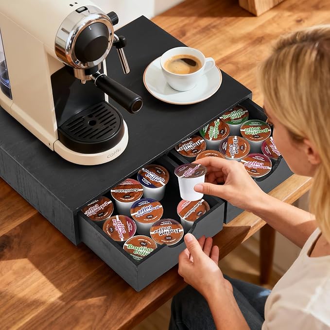 Wooden K Cup Organizer Coffee Pod Storage Box, Coffee Pod and Tea Bag Holder,Kcup Drawer Coffee Maker Stand,Home Kitchen Counter Holds Up to 30 Pods Capacity (2 Drawer) (Elegant Black)