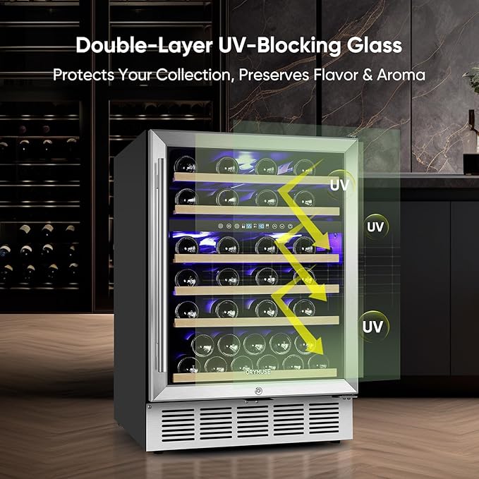 ORYMUSE 24 Inch Wine Cooler Refrigerator, 46 Bottle Dual Zone Wine Fridge with Stainless Steel Glass Door, Adjustable Shelves, Upgraded Compressor, Built-In Freestanding for Home, Bar, Kitchen