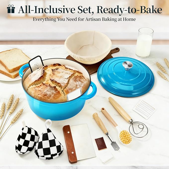 Enameled Cast Iron Dutch Oven with Lid -6.5 QT, incl. Sourdough Bread-Baking Supplies like Banneton Proofing Basket, Heavy Duty Cookware Bread-Oven for Baking, Stews, and Roasting, Sea blue