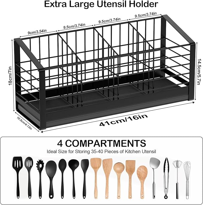 Extra Large Utensil Holder for Kitchen Counter, Kitchen Cooking Utensil Holder Organizer Kitchen Utensil Racks with Drying Base Cooking Tools Storage for Countertop Sink Cutlery Holder, 4 Compartments