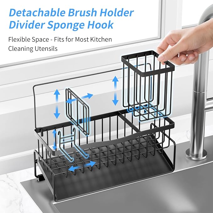 Sponge Holder for Kitchen Sink 304 Stainless Steel Self-Draining Sink Caddy with Smiley Face Sponge and Brush Holder Towel Bar and Divider Kitchen Gadgets Organizer for Countertop, Black