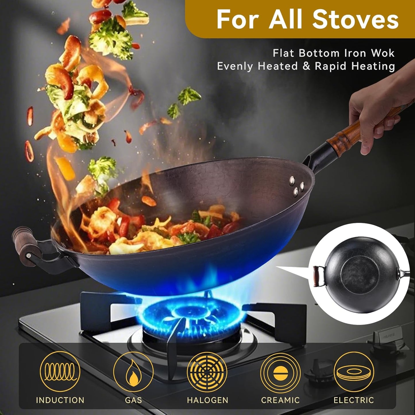 WANGYUANJI Cast Iron Wok,14.1 inch Flat Bottom Wok with Glass Lid,Suitable for All Cooktops, Uncoated Craft Pot Healthy Cooking Pot
