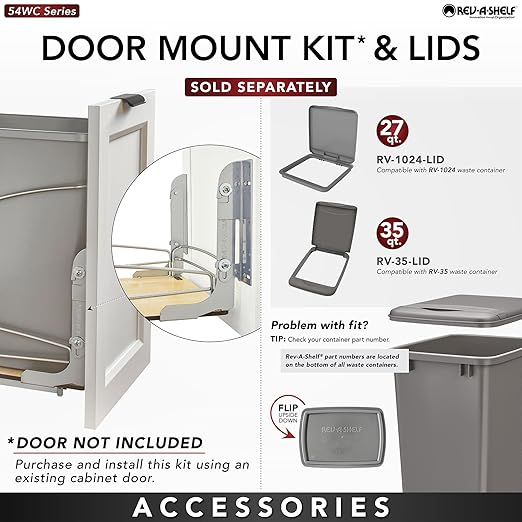 Rev-A-Shelf Steel Bottom Mount Double 27 Quart 6.75 Gallon Waste Bin Trash Container for Under Kitchen Cabinet with Soft Close, Gray, 54WC-1527SC-17-1
