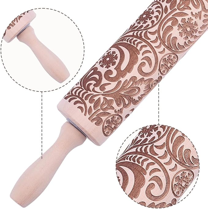 Embossed Wooden Rolling Pin Darker 3D Snowflake Rattan 30cm Rolling Pin for Baking Biscuits DIY Kitchen Tool Baking Accessories Homemade Bakery Pastry Cookie Fondant Dough Pizza