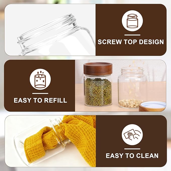 11oz Glass Jar with Airtight Lid, 4 Pack 320ml Glass Storage Jars with Wooden Lids, Wood Screw Top Kitchen Canister Clear Food Containers for Sugar, Coffee, Tea, Bean, Overnight Oats, Cookie