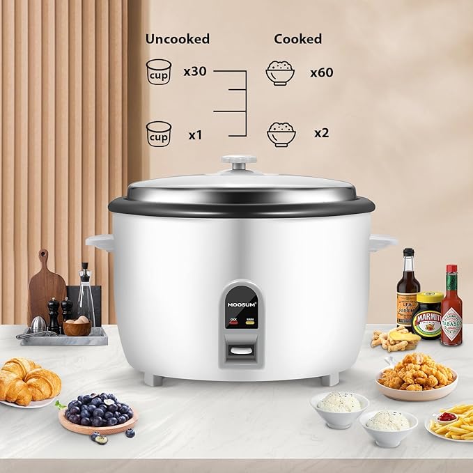 Commercial Rice Cooker, Large Capacity 30-Cup (UnCooked), 60-Cup (Cooked) with One Touch Operation and 12-Hour Keep Warm, Easy to Use and clean, 1600W, White
