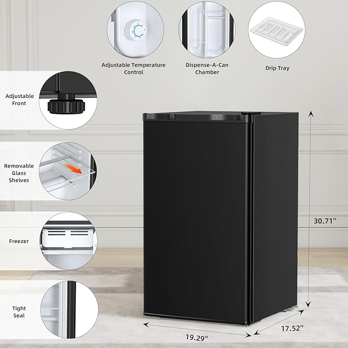 Antarctic Star 3.2 Cu.Ft.Compact Refrigerator with Freezer, Mini Fridge Single Door with Adjustable Thermostat,Removable Glass Shelves for Apartment,Dorm,Office,Kitchen，BLACK