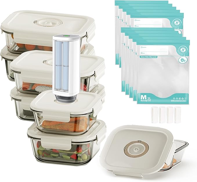Vacuum Sealer & Food Storage Container for Food, Vacuum Sealer Machine+ 6 Glass Food Storage Containers +10 Food Saver Sealer Bags | Keep Food Fresh Longer,Ideal for Meal Prep, Marinating