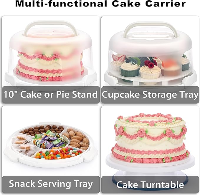 BSTKEY Portable Cake Carrier with Lid and Handle, Cake Turntable + Cupcake Storage Tray for Transport, 10" Round Cake Container Holder with Two Sided Base for Pies Nuts Fruit Cookies, White