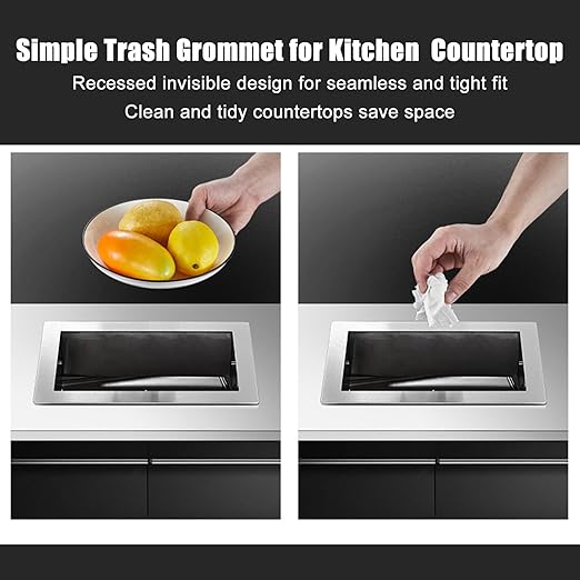Embedded Countertop Trash Can, Stainless Steel Kitchen Trash Can, Built-in Countertop Trash and Waste Chute, Square Built-in Countertop Trash Can Grommet,Gray Trash can Grommet