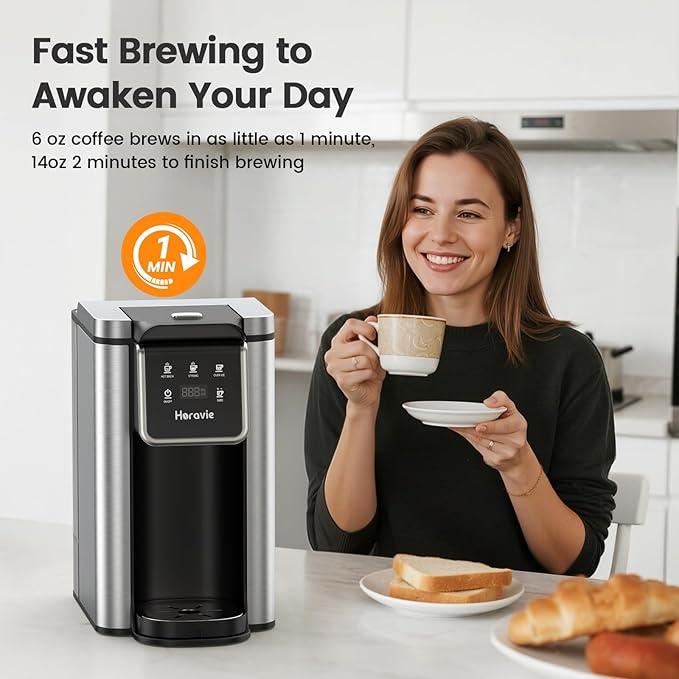 Horavie Single Serve Coffee Maker for K-Cups & Grounds, Hot & Iced Coffee Maker, Strong Button Feature, 6 to 14oz Brew Sizes, 50oz Removable Reservoir, Fit 6.5" Mugs, Stainless Steel, Black