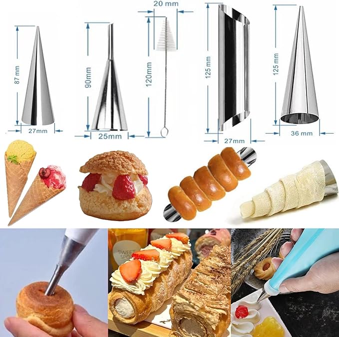 Stainless Steel Cannoli Forms Set, 5 Large Cannoli Forms, 5 Large Hones Mould, 5 Small Croissant Form, Cleaning Brush, Reusable Icing Bag and Long Frosting Tip for Puff Cupcakes Pastry