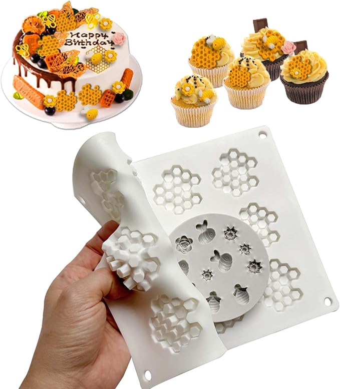 2PCS 15 Cavity Honeycomb Mold & Bee Silicone Tuile Molds,Honey comb Baking Mold,3D Beehive Candy Silicone Honey Fondant Molds,Chocolate silicone baking set Sugar Bees for Cake Decorating