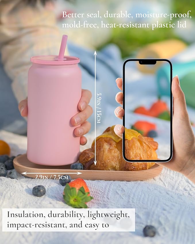 16oz Glass Cups With Lids and Straws, Stainless Steel Beer and Iced Coffee tumbler, Pink (Textured Matte Finish, Not Sublimatable)