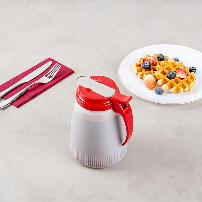 Restaurantware-Chef 101 48 Ounce All Purpose Syrup Dispensers, 10 Honey Dispensers - Red Top, Stainless Steel Slide Cover, Plastic Pancake Syrup Bottle, Perfect For Diners, Restaurants, Home