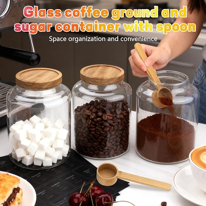66oz Large Glass Storage Jar with Wooden Lids Spoons Labels Glass Coffee Ground Canister Borosilicate Glass Sugar Flour Container for Cookies Spice Rice Tea(2000ml/67oz-2 pack-with scoop)