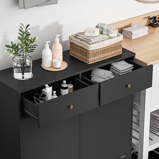 Housoul Double Tilt Out Trash Can Cabinet, Trash Storage Cabinet with 2 Drawers, Hidden Garbage Bin, Free Standing Laundry Sorter Organizer for Kitchen Dining Living Room, Bathroom, Black
