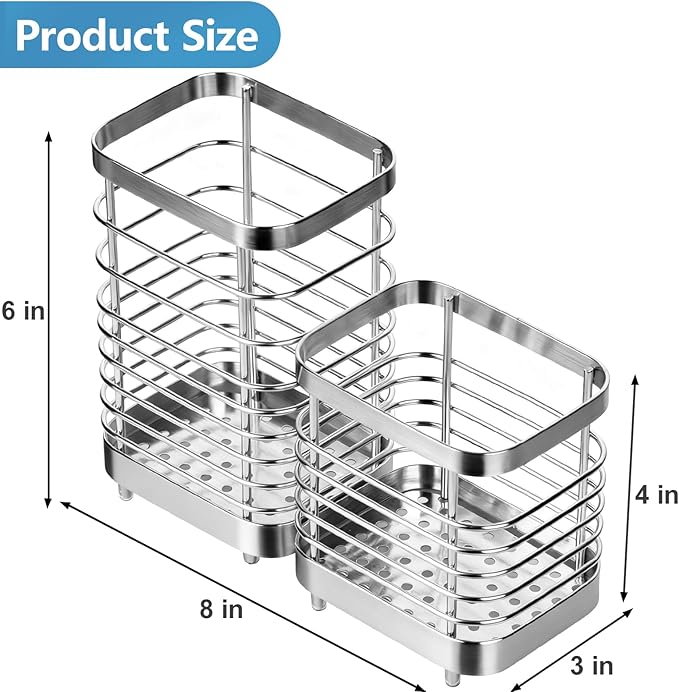 Utensil Holder, Stainless Steel Utensil Drying Rack for Kitchen Counter, Silverware Cutlery Flatware Holder Forks, Knives, Spoons, Chopsticks Organizer (Silver)