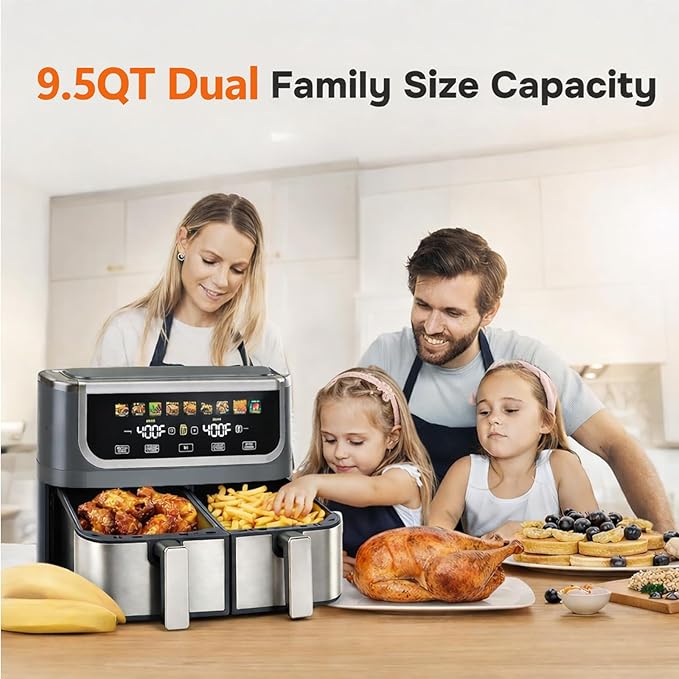 Simple Deluxe 9.5-Qt Dual Basket Air Fryer, 10-in-1 Digital Preset 1700W Airfryer, Sync Cook, Independent Temp Control, Shake Reminder, Nonstick Basket, Grey