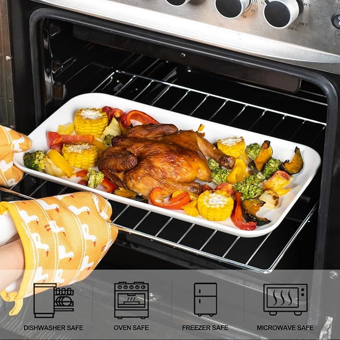 DELLING Serving Platter Set 18/16/14 Inch, Large White Porcelain Serving Trays for Entertaining, Rectangular Platters for Turkey Fruit Appetizer Party Wedding, Microwave Oven Dishwasher Safe, 3-Pack