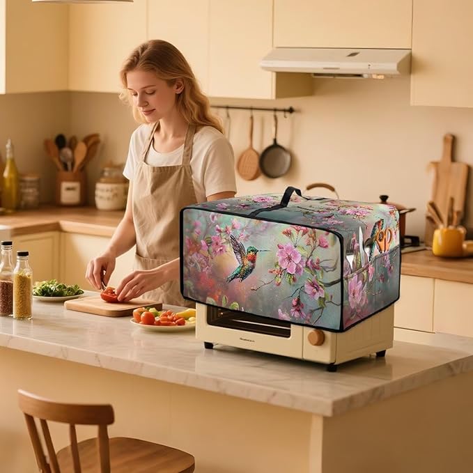 Air Fryer Toaster Oven Dust Cover Protective Microwave Oven Cover Small Appliance Protector Decorations Kitchen Accessories, L, Hummingbird Pink Flower