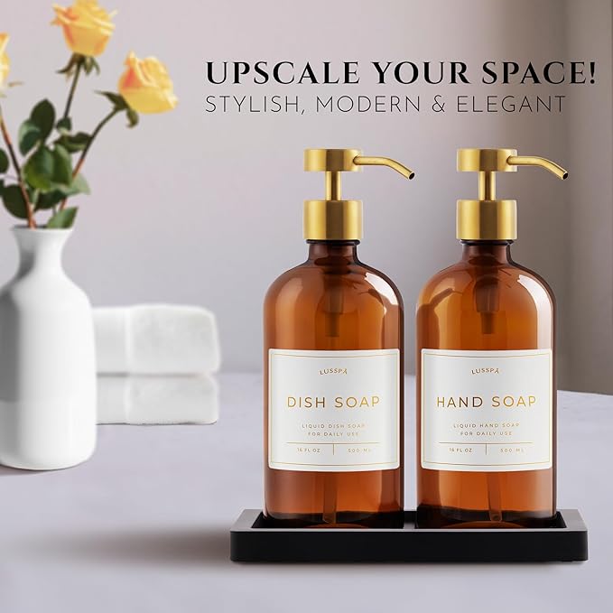 Glass Soap Dispenser Set of 2 (Amber) with Silicone Tray | Hand and Dish Soap Dispenser for Kitchen and Bathroom | 16.8 Oz Glass Bottles with Stainless Steel Pump & 15 Waterproof Labels (Amber/Gold)