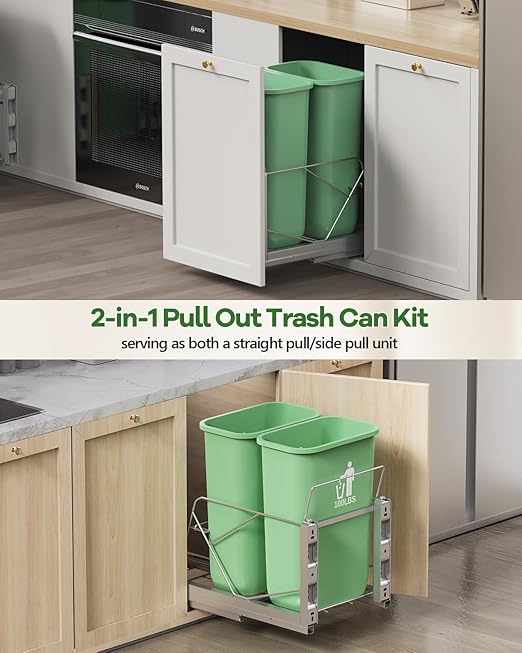 Dual Pull Out Trash Can Under Cabinet, Door Mount & Pull Handle Twin-Mode, Pull-Out Garbage Holder, Under Sink Pull-up Kit with Soft-Close Slides, for Kitchen, Sink, Drawer(Bin Not Included)
