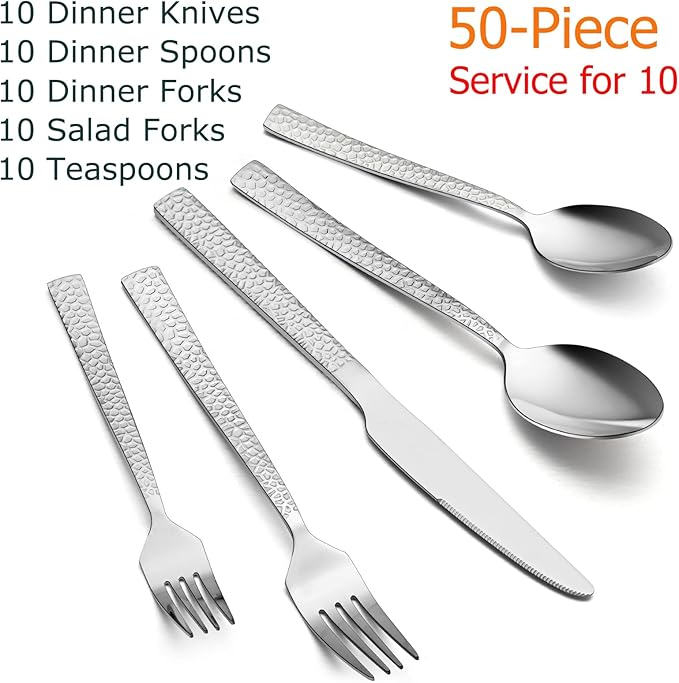 E-far 50-Piece Hammered Silverware Set, Stainless Steel Square Flatware Set Service for 10, Tableware Cutlery Set Includes Forks Spoons Knives, Modern Design & Mirror Polished - Dishwasher Safe