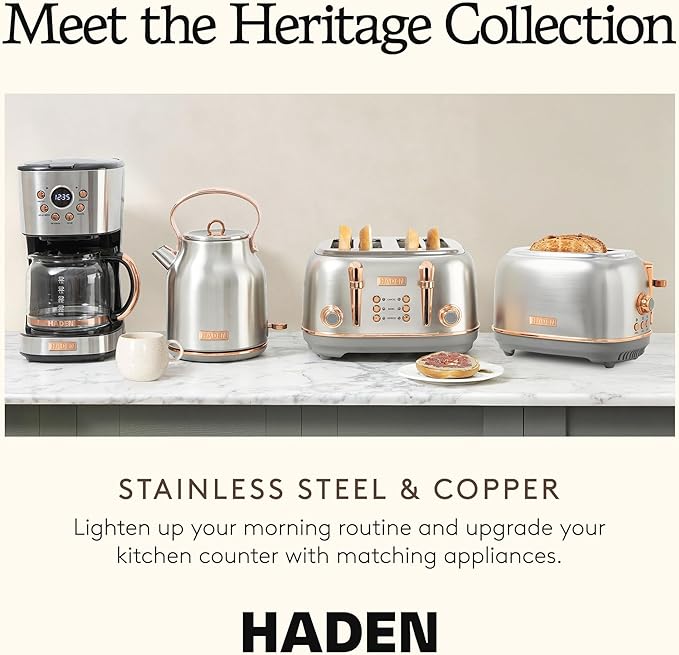 Haden Heritage 2 Slice Wide Slot Stainless Steel Toaster with Adjustable Browning Control & Non-Slip Feet, Steel & Copper