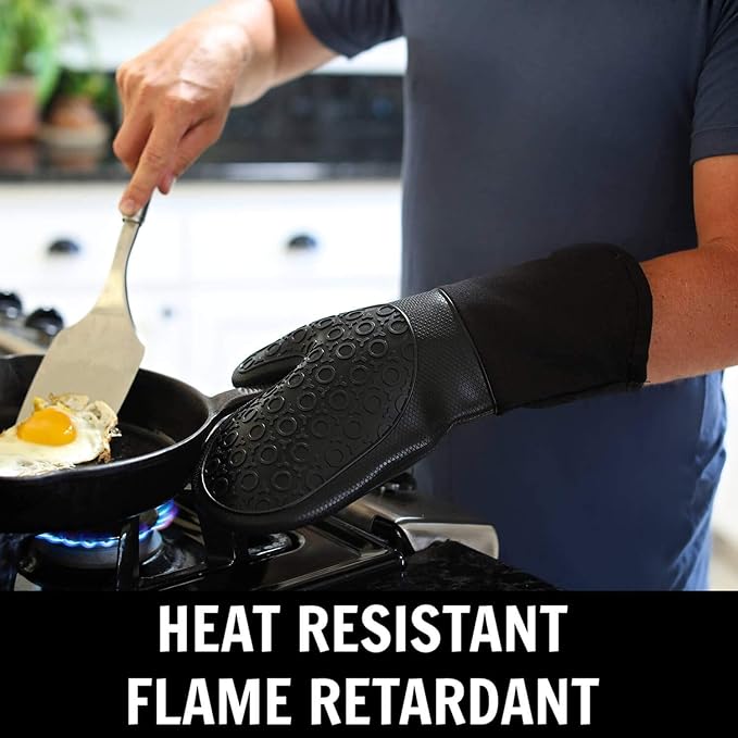 BPA-Free Soft Silicone 4 Piece Oven Mitts & Trivets Set - Ultra Heat Resistant Oven Mitts with Thick Cotton Liner - Long Slip Resistant Pot Holders, Flexible Oven Gloves - Black