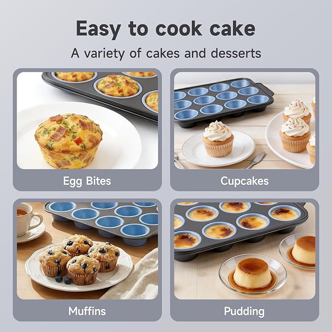 Boyun Silicone Muffin Pan for Baking,No-Spill Easy-Transfer Design,Reinforced Steel Frame, Non-Stick & Dishwasher Safe,12-Cup Regular Size Muffin & Cupcake Pan Bakeware for Oven (Blue 2pcs)